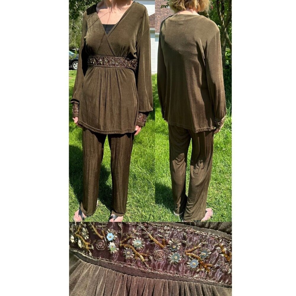 COLDWATER CREEK 2 Piece Vintage Set Size Medium Olive Beaded Sequins Long Sleeve